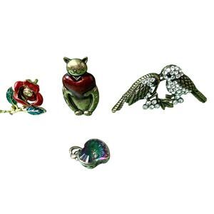 Collection of Hearts & Flowers Birds & Cats Brooches Pin Pendant lot of 4